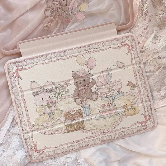 Pastel Picnic Pals iPad Cover with bear and bunny friends for cutecore and little space aesthetic 🌸