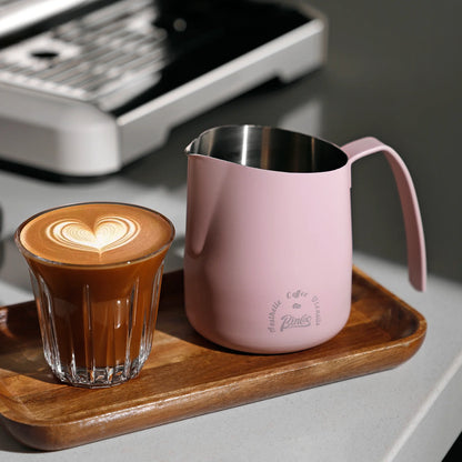 Pastel pink barista frothing pitcher cute and durable design ideal for latte and cappuccino lovers