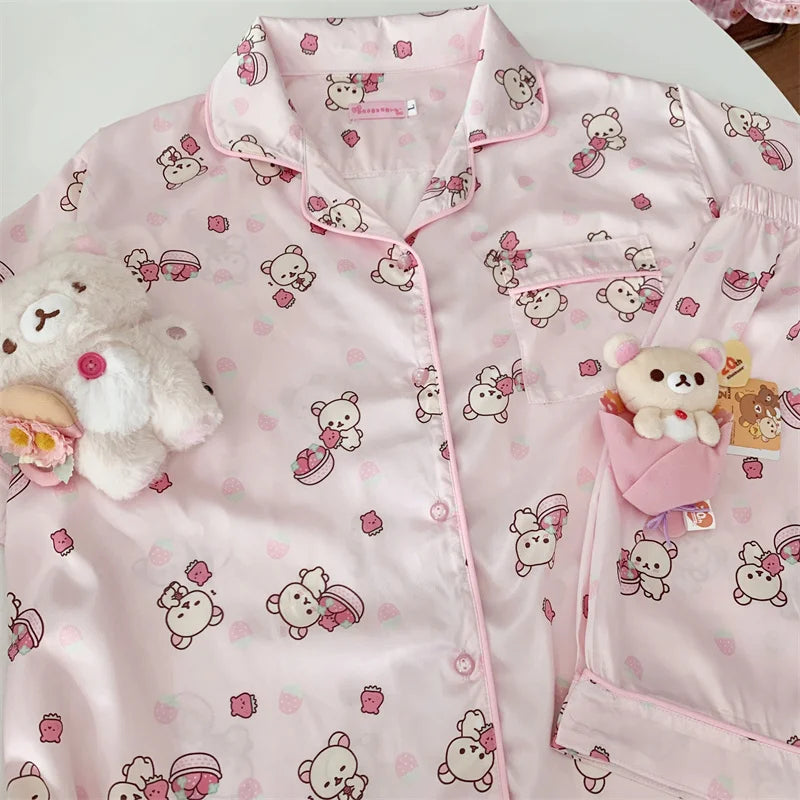 Pastel pink sleep set featuring playful bear pattern, lightweight breathable fabric for kawaii and DDLG vibes