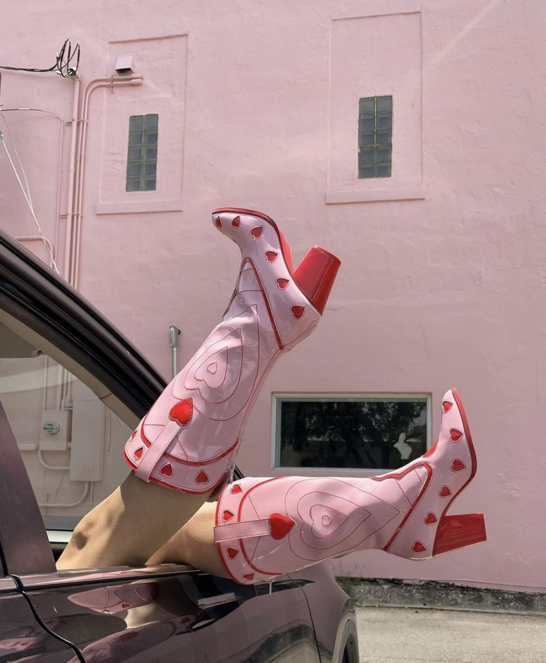 Pastel pink cowgirl boots with heart accents and western flair, ideal for DDLG, ABDL, kawaii, and baddie vibes