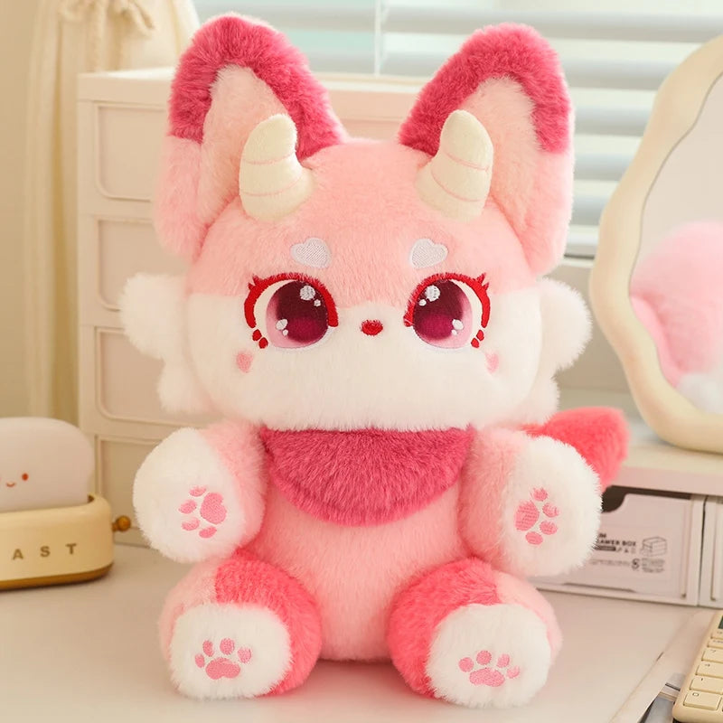 Pastel pink dragon plushie with cute fantasy princess aesthetic and soft kawaii cutecore cuddly design