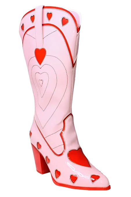Pastel pink heart cowgirl boots designed for babycore, DDLG, ABDL, and kawaii fashion lovers seeking playful style