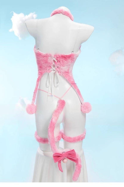Pastel pink kitty plush corset cosplay lingerie set with paw shaped cups, cat ears and tail, kawaii cutecore fantasy cosplay outfit