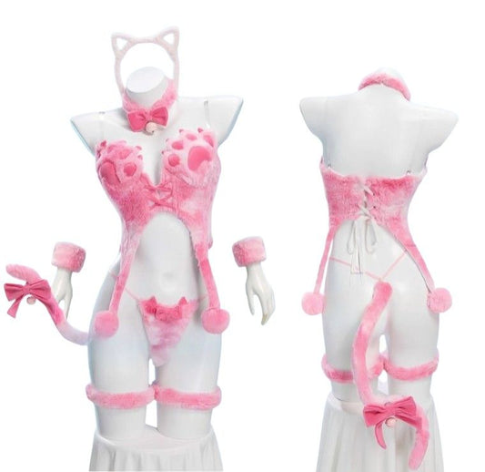 Front and back view of pastel pink kitty plush corset cosplay set with paw cups, cat ears thong, tail, ribbon choker and cuffs, kawaii cutecore fantasy cosplay lingerie
