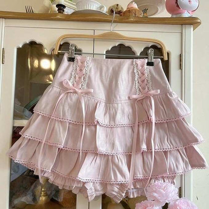 Pastel pink Lolita ribbon corset skirt with frilly layers, high-waist corset, perfect for kawaii DDLG, ABDL, and soft girl cutecore fashion
