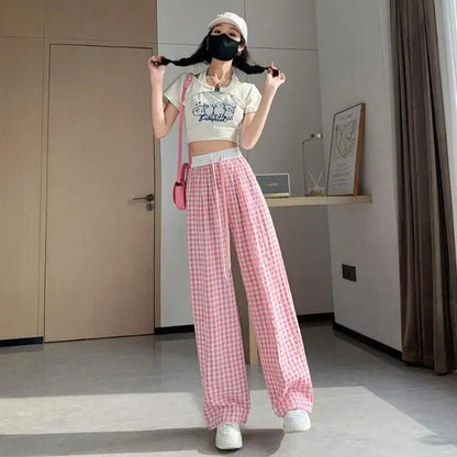 Pastel pink plaid everyday pants with breathable fabric for comfy ddlg abdl looks