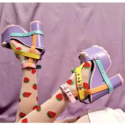 pastel platform heels with double buckle straps for ABDL, soft girl, and kawaii fashion
