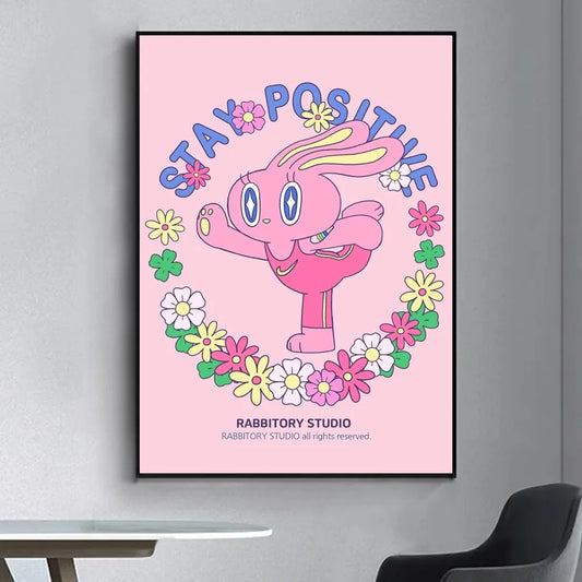Pastel Positivity Bunny poster with flowers and sparkly eyes, kawaii DDLG ABDL wall art for cozy littlespace decor.