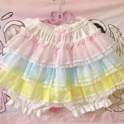Princess Puff Ruffle Mini Skirt in pastel pink, blue, and yellow ruffles