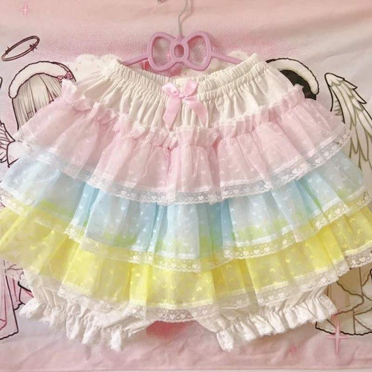 Princess Puff Ruffle Mini Skirt in pastel pink, blue, and yellow ruffles