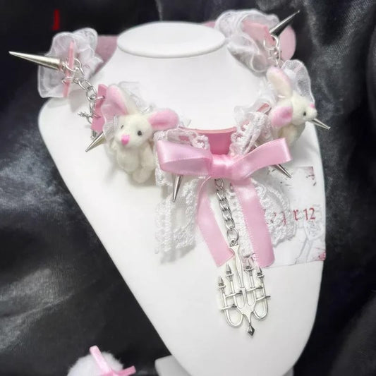Pastel punk bunny choker with plush charms, lace, ribbons, and metal chain for ABDL/DDLG style