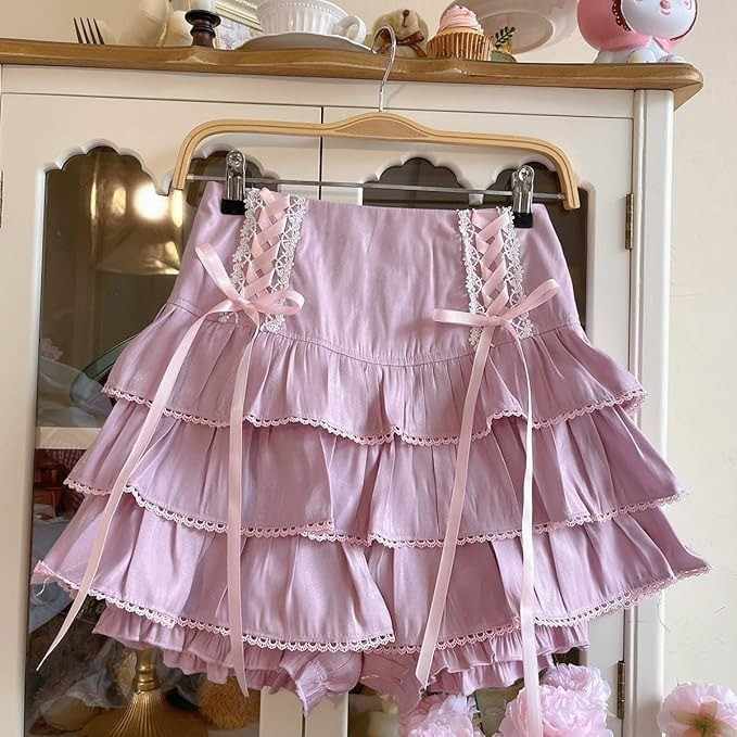 Pastel purple Lolita ribbon corset skirt with layered frills, high-waist fit for kawaii, cutecore, DDLG, ABDL, and soft girl outfits