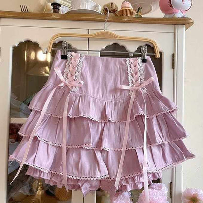Pastel purple Lolita ribbon corset skirt with layered frills, high-waist fit for kawaii, cutecore, DDLG, ABDL, and soft girl outfits