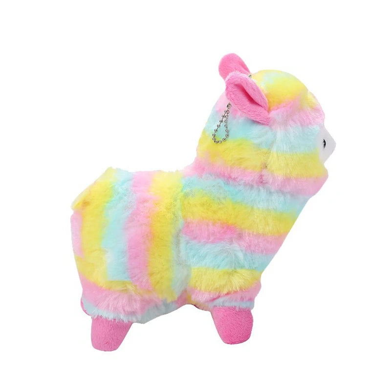 Pastel rainbow alpaca plush keychain, lightweight and cuddly, perfect for kawaii style and playful bag decor.