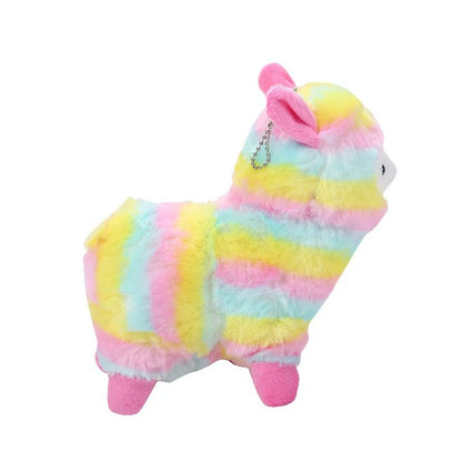 Pastel rainbow alpaca plush keychain, lightweight and cuddly, perfect for kawaii style and playful bag decor.