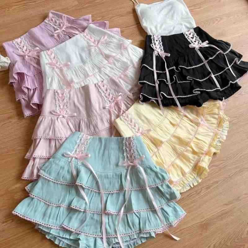Pastel rainbow Lolita ribbon corset skirt with frilly layers and high-waist corset, perfect for kawaii, cutecore, DDLG, ABDL, and soft girl outfits
