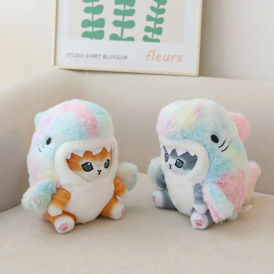 Set of 2 pastel rainbow Sharkie plushies, kawaii shark-cat stuffed toys, DDLG ABDL cuddly soft plush