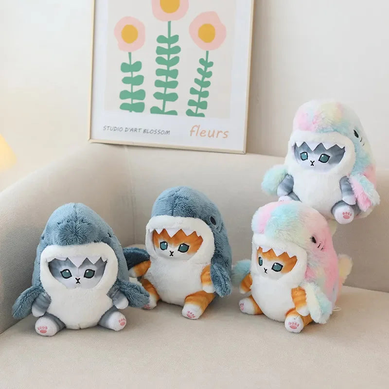 Set of 4 pastel rainbow Sharkie plushies, soft kawaii shark-cat cuddle toys