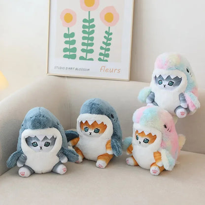 Set of 4 pastel rainbow Sharkie plushies, soft kawaii shark-cat cuddle toys