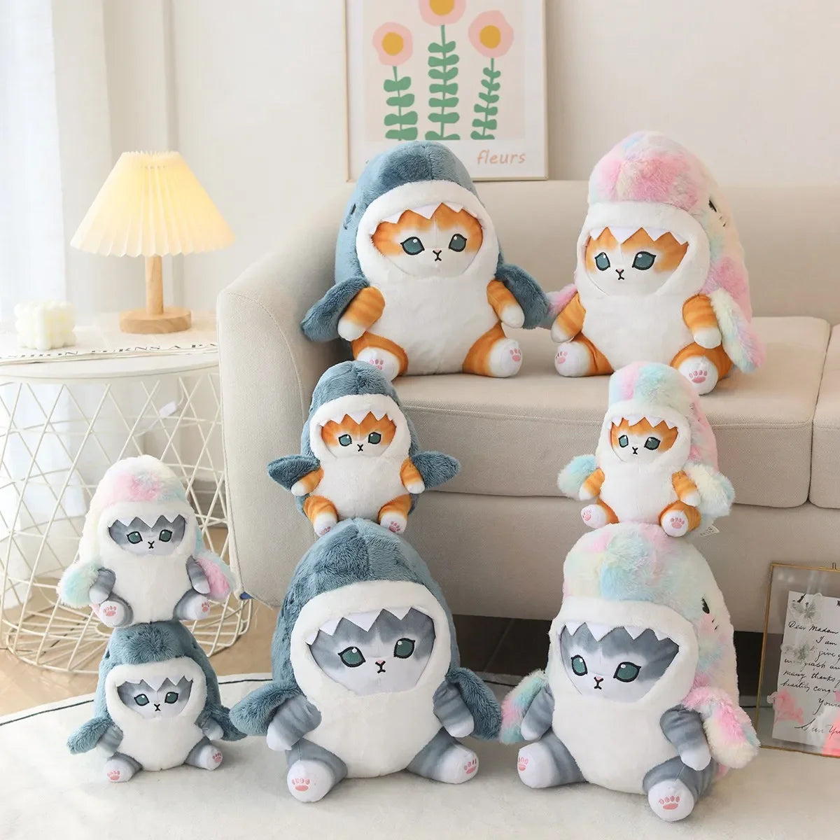 Large 8-pack pastel rainbow Sharkie plush, kawaii colorful shark-cat stuffed toys