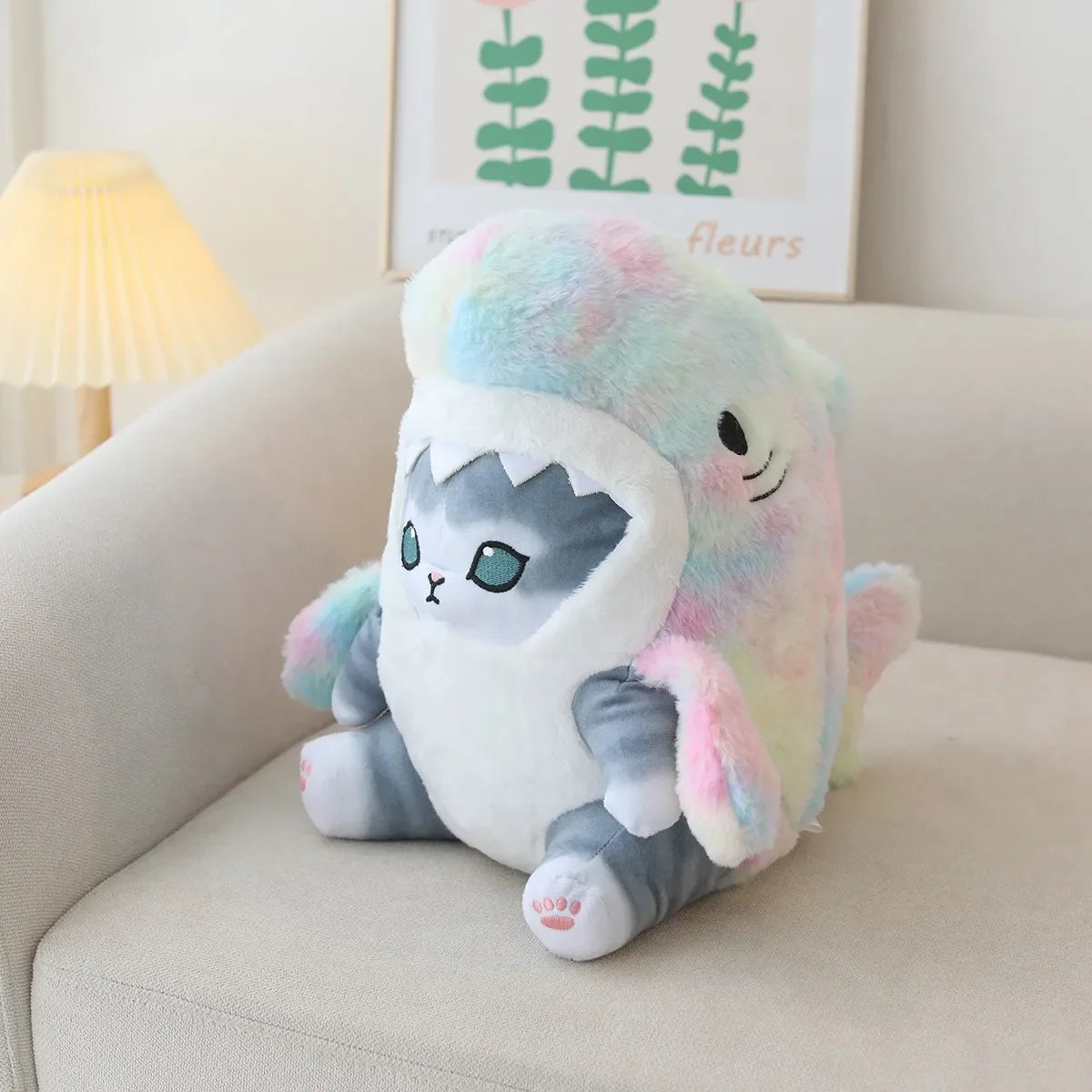 Pastel rainbow Sharkie plush, kawaii shark-cat stuffed toy, colorful & soft