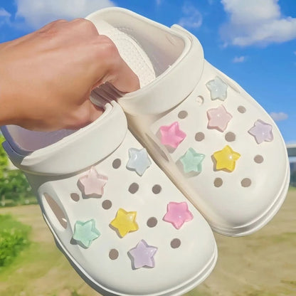 Pastel Rainbow Star Shoe Charm Set for DIY styling on sneakers and sandals with cosmic sparkle