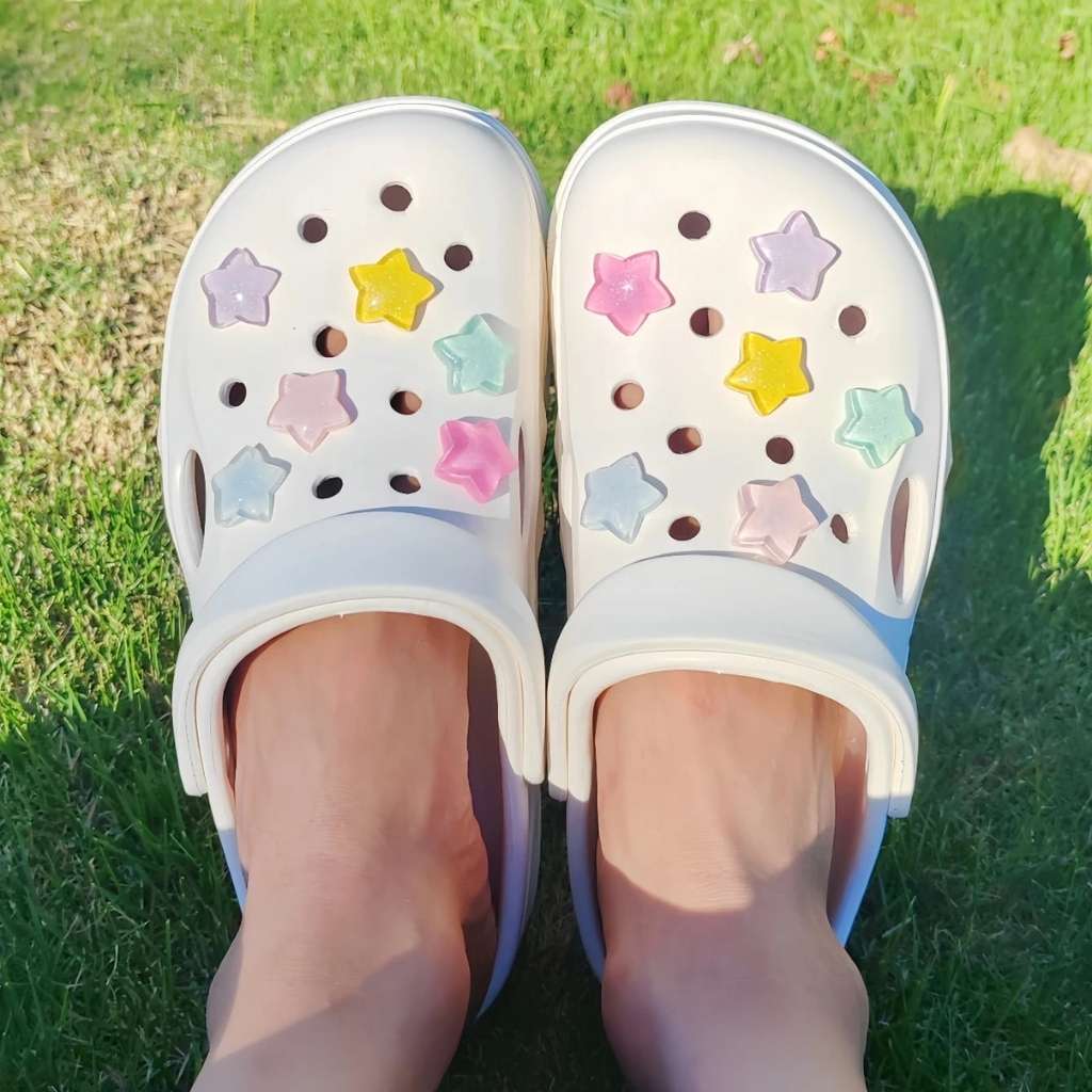 12-piece pastel rainbow star shoe charm set for easy DIY styling of footwear with cosmic flair