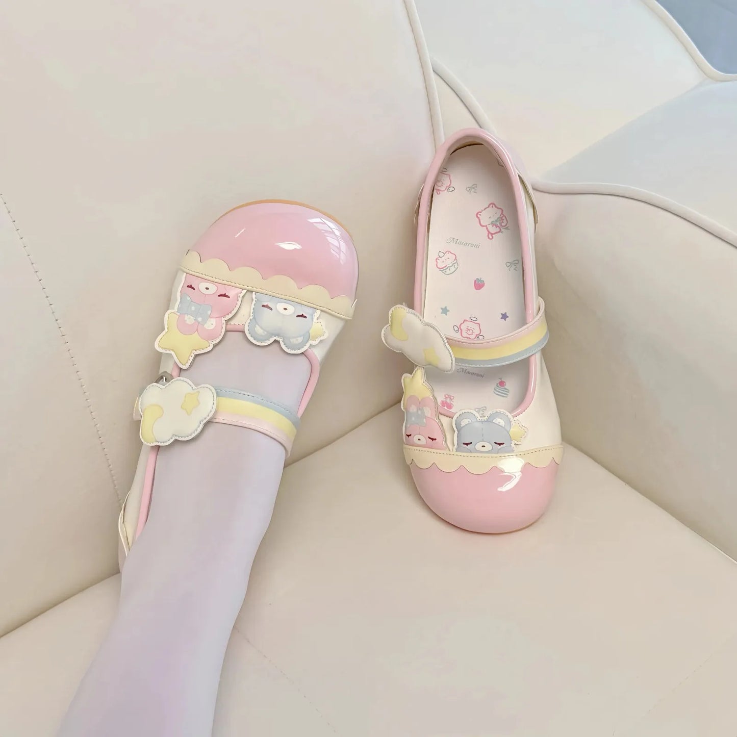 Pastel rainbow Teddy Lolita flats with cute teddy bears, stars, clouds, and dreamy kawaii vibes
