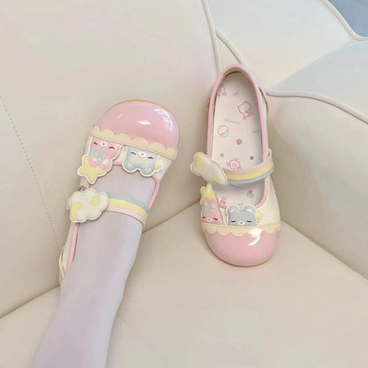 Pastel rainbow Teddy Lolita flats with cute teddy bears, stars, clouds, and dreamy kawaii vibes