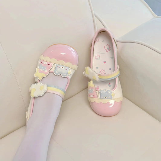 Pastel rainbow Teddy Lolita flats with cute teddy bears, stars, clouds, and dreamy kawaii vibes