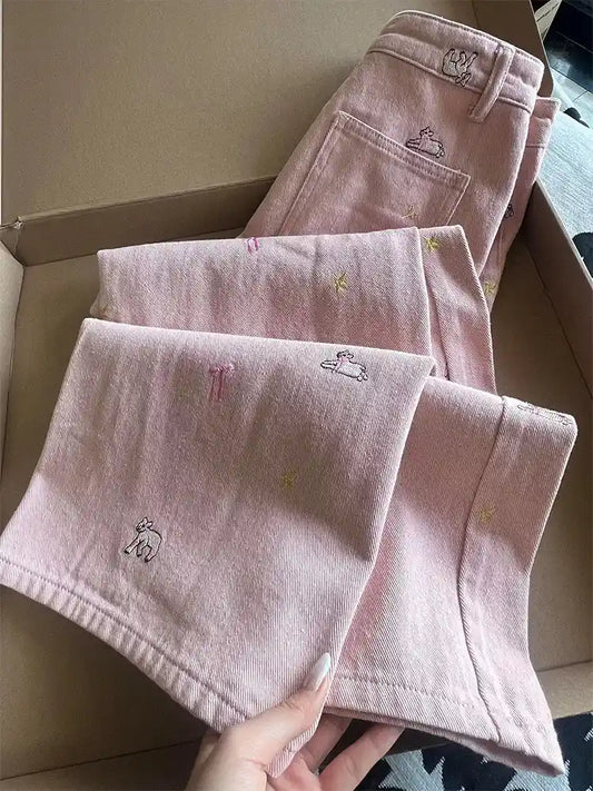Pastel Ranch Cutie Denim with embroidered sheep, stars, and ribbons for kawaii ranchcore aesthetic pants