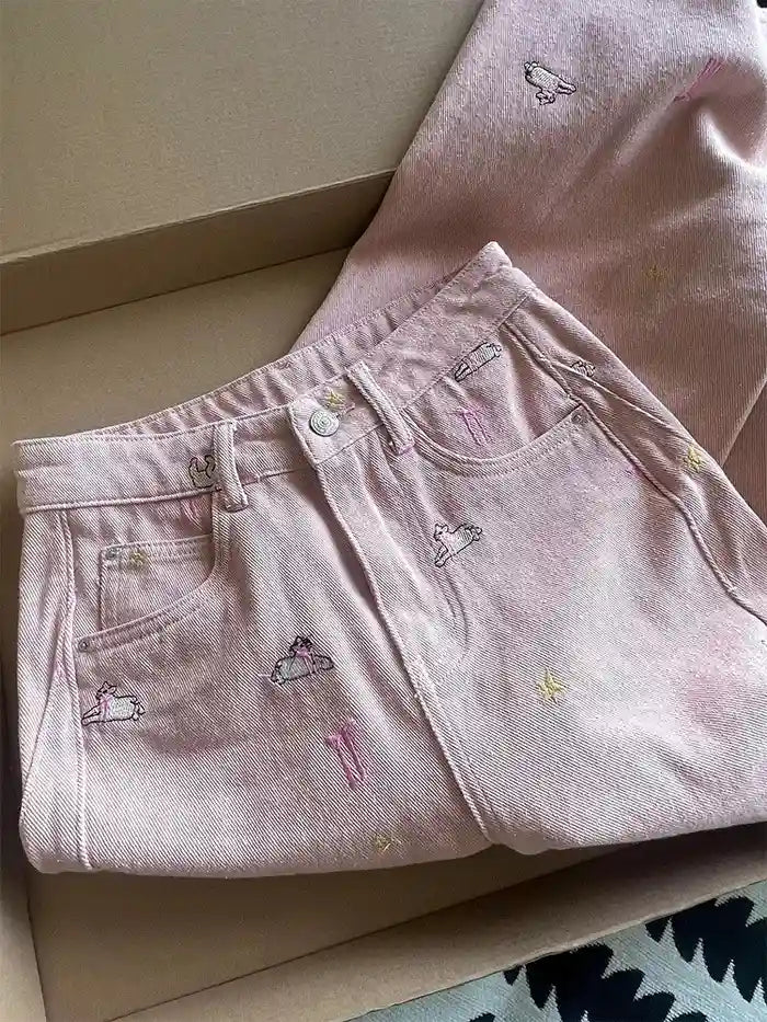 Ranchcore pastel denim pants designed with ribbons and stars for babycore and kawaii fashion lovers