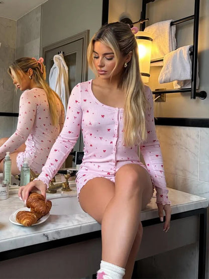 pastel ribbon dream romper with mini hearts, comfy cutecore dollcore homewear