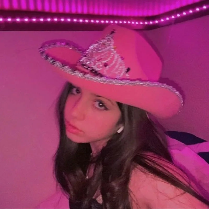Pastel Rose Princess Cowgirl Hat Barbiecore aesthetic with princess crown and whimsical feathers