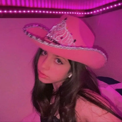 Pastel Rose Princess Cowgirl Hat Barbiecore aesthetic with princess crown and whimsical feathers