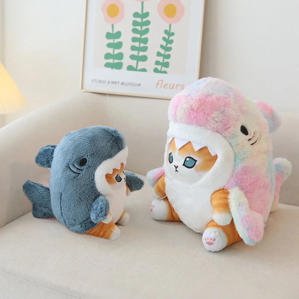 Double pack of kawaii pastel Sharkie plush, soft colorful shark-cat toy for snuggles