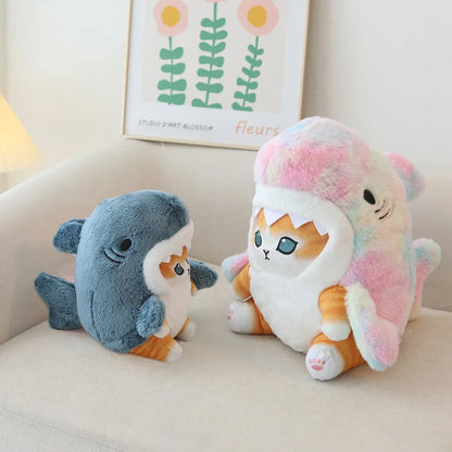 Double pack of kawaii pastel Sharkie plush, soft colorful shark-cat toy for snuggles
