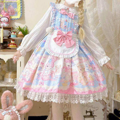 Back view of pastel teddy bear print Lolita dress with lace tiers and bow accent, fairy kei kawaii style 