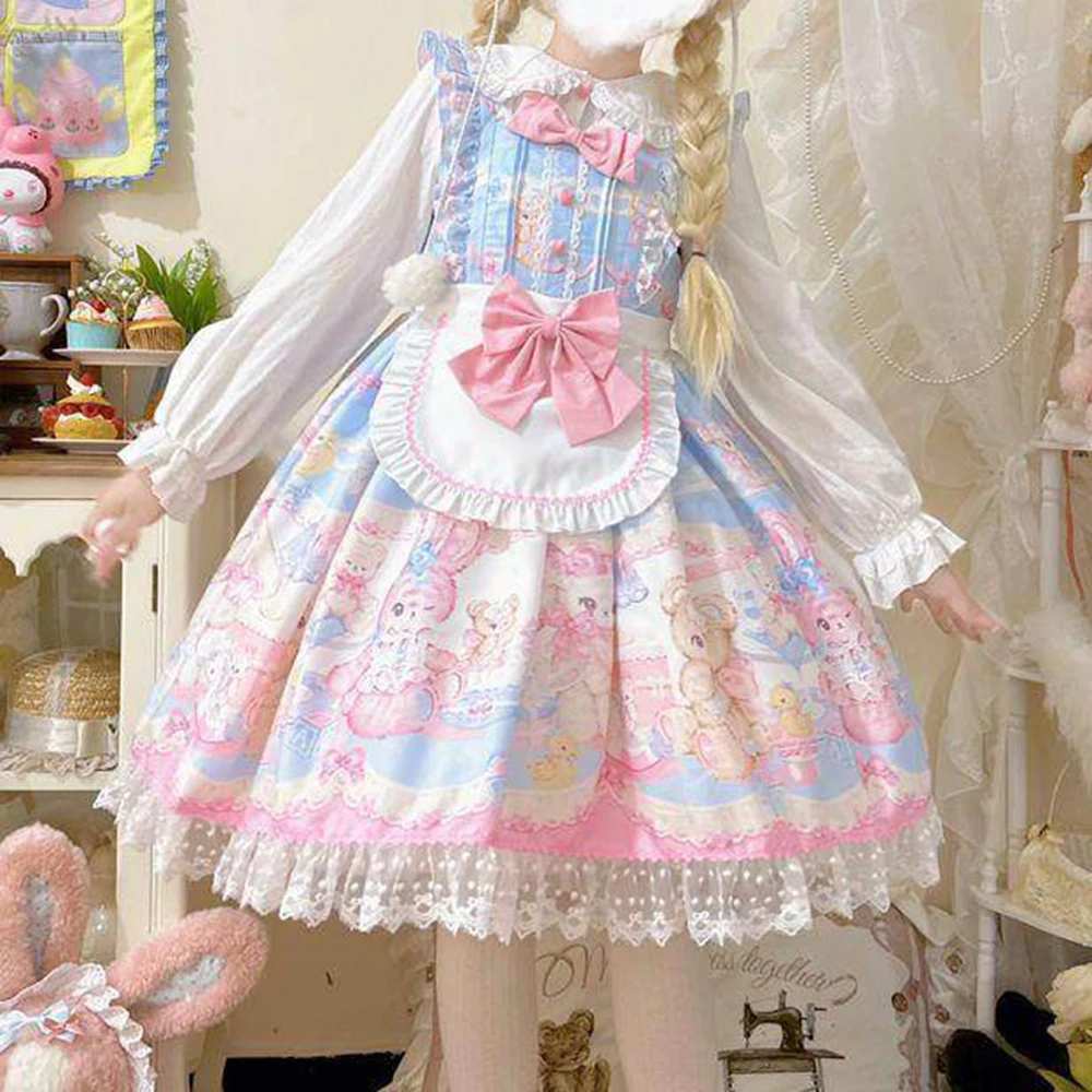 Panelled bodice with pastel stripes and pearl style buttons on Sweet Lolita kawaii dress