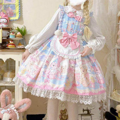 Pastel Sweet Lolita dress with teddy bear print, gingham checks, and lace hem, kawaii DDLGirl style
