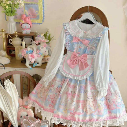Multi tiered white lace hem with Swiss dot detailing on pastel Sweet Lolita teddy bear dress