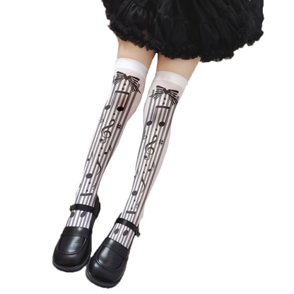 Black sweet melody note stockings with ribbon hearts and music notes, softcore DDLG playful style