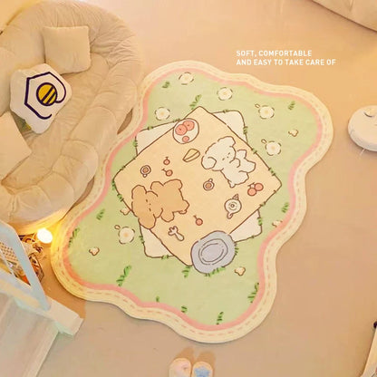 pastel colored two teddy bears having a picnic on green lawn with kawaii softcore vibe