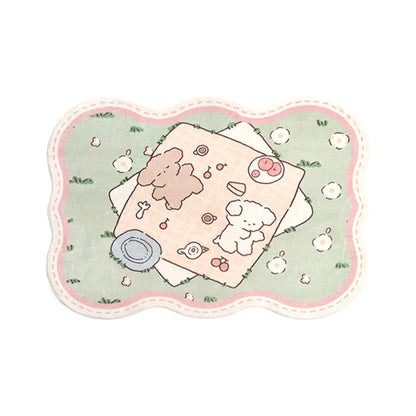 pastel teddy bears having picnic on green lawn in adorable kawaii style rug
