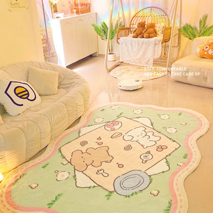 zoomed side view of pastel teddy bears picnic scene on green lawn with kawaii style
