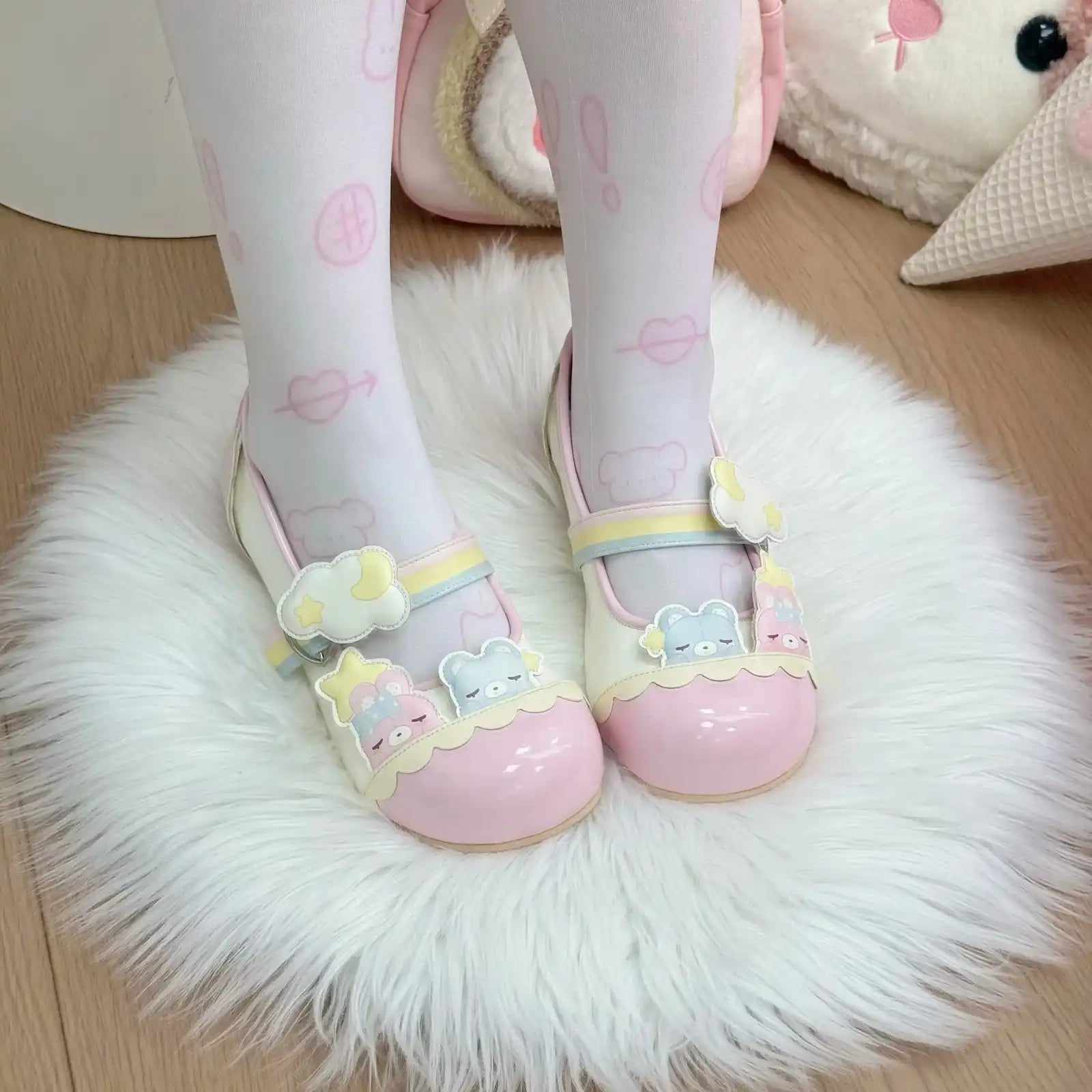 Pastel Teddy Lolita flats with glossy finish, rainbow buckle, stars, clouds, and soft cutecore vibes