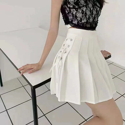 Pastel white Dollcore Lolita pleated skirt with frilly lace trim for kawaii, cutecore, soft girl, DDLG, and ABDL fashion