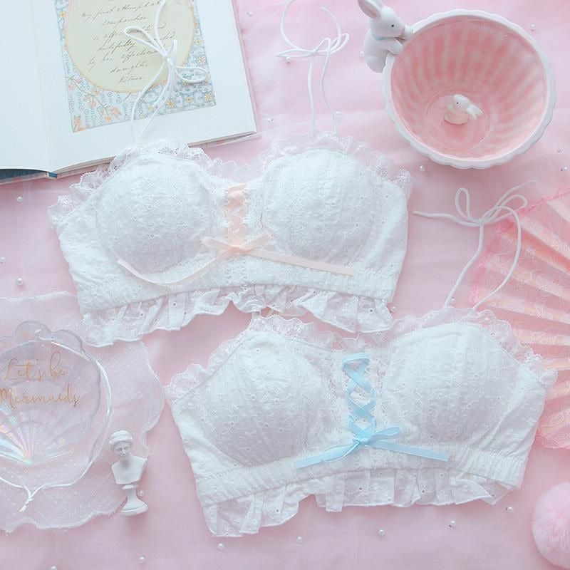 Pastel white dollcore ruffle lingerie set, soft lace bra and panty with kawaii soft girl angel energy
