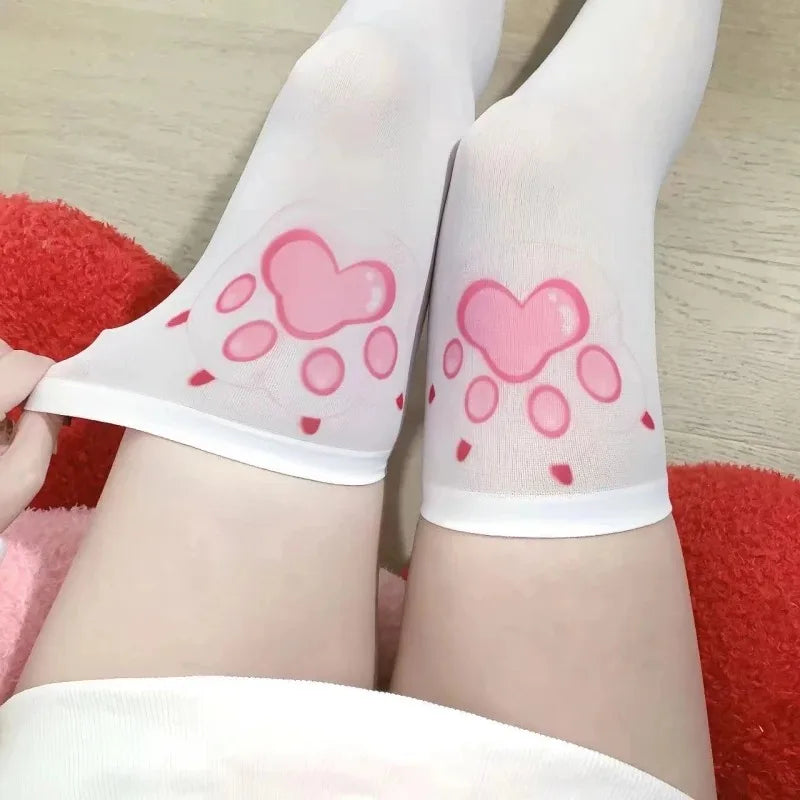 Paw Pink Kawaii stockings with cute cartoon paws, soft pastel cutecore style for DDLG & ABDL fashion
