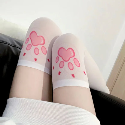 Paw Pink Kawaii thigh-high stockings with cute cartoon paws, pastel cutecore style for DDLG & ABDL fashion
